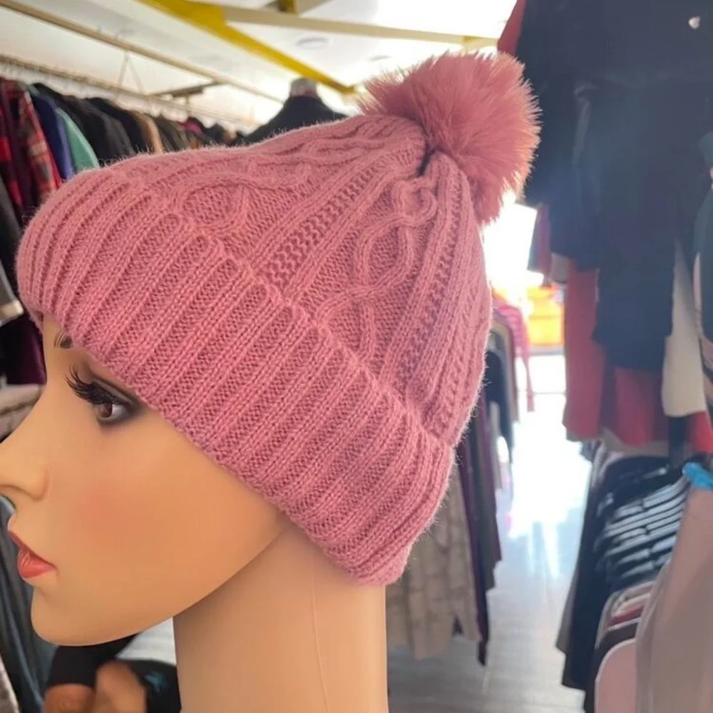 Pink Knit Beanie with Pom Pom and HAPPY Patch – Cozy Winter Hat for Women mt39